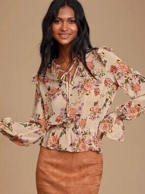 Lulus Be Tender Beige Floral Print Sheer Ruffled Long Sleeve Top - Size S
